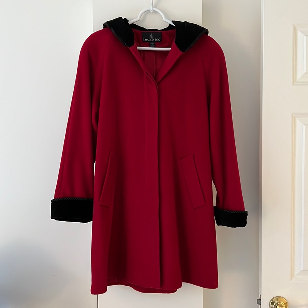 Womens London Fog Red Wool Fall Jacket Peacoat With Hood Small